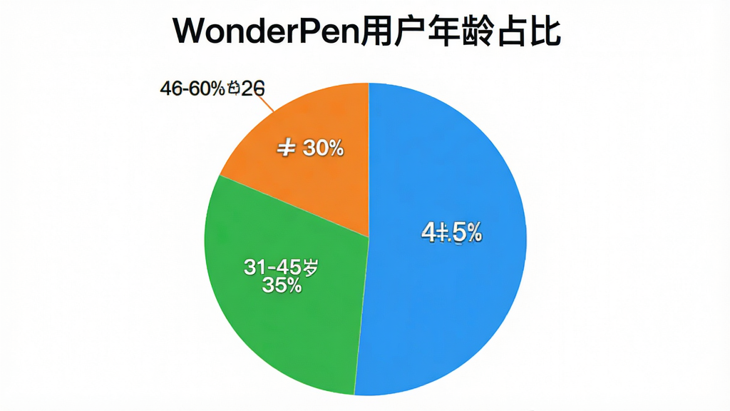 һ����״ͼչʾWonderPen�û�����ֲ���18-30��ռ45%��31-45��ռ35%��46-60��ռ20%������࣬��ɫ���ޣ�ͼ������������д��WonderPen�û�����ռ�ȡ������ʸɾ��޶���Ԫ��