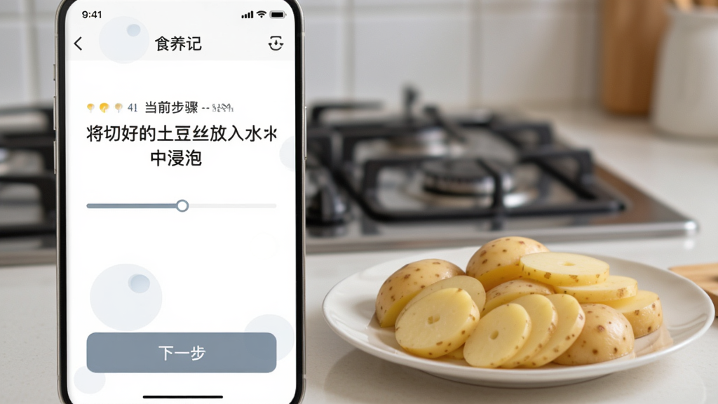 “食养记”APP跟做模式界面截图,屏幕上方显示当前步骤“将切好的土豆丝放入水中浸泡”,下方有“下一步”按钮,界面简洁清晰,有进度条显示,背景是模糊的厨房灶台,有一盘切好的土豆丝,画质干净无多余元素。