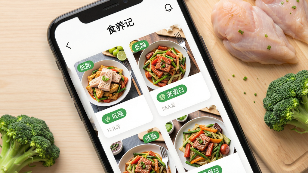 智能手机界面特写,展示“食养记”APP的智能推荐功能,界面以卡片形式排列着几道菜谱,每张卡片上有菜品照片和“低脂”、“高蛋白”等绿色标签,背景是干净的木纹桌面,旁边散落着新鲜的鸡胸肉和西兰花食材,画面风格简洁现代,扁平化设计,细节丰富,画质干净无多余元素。