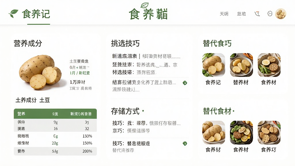 “食养记”APP内食材百科页面,展示土豆的详细介绍,包含营养成分表、挑选技巧、存储方式和“替代食材”推荐,界面设计类似百科词条,图文并茂,以白色和绿色为主色调,风格简洁清晰,画质干净无多余元素。
