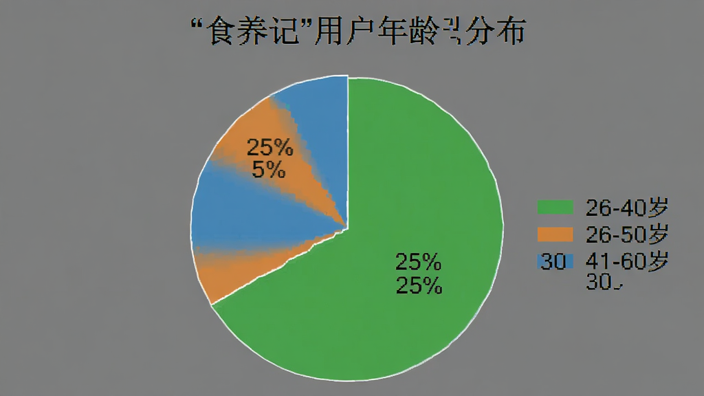 一张饼状图,展示“食养记”用户年龄分布,主要包括18-25岁占25%,26-40岁占45%,41-60岁占30%,图例颜色分别用绿色、橙色和蓝色表示,背景简洁,图表清晰,画质干净无多余元素。