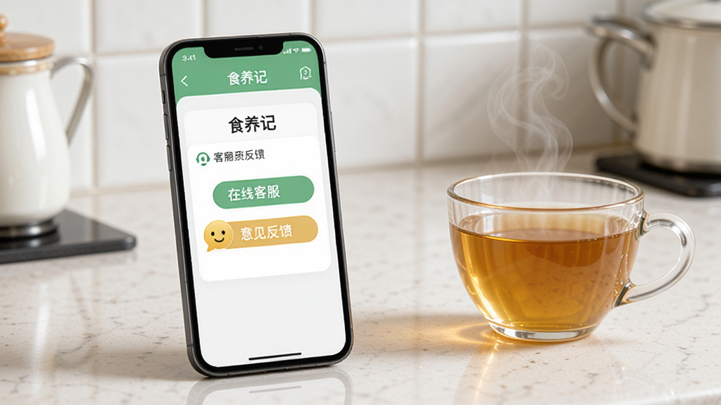 一部手机放在厨房台面上,屏幕显示“食养记”APP的客服反馈界面,界面有“在线客服”和“意见反馈”按钮,旁边有一杯冒着热气的茶,背景是干净的厨房瓷砖,画面明亮清晰,画质干净无多余元素。