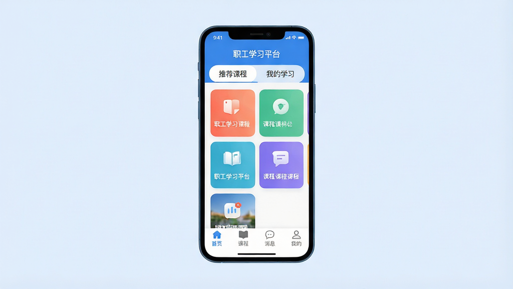 生图提示词:一部亮着屏幕的智能手机悬浮在简洁的浅蓝色背景中央,屏幕内展示一款名为“职工学习平台”的APP主界面,界面上方有“推荐课程”和“我的学习”两个标签,中间排列着几个带有图标的彩色课程卡片,下方是“首页”、“课程”、“消息”、“我的”四个底部导航栏,整体UI设计扁平化,图标圆润,色彩以蓝白为主,画质干净无多余元素。