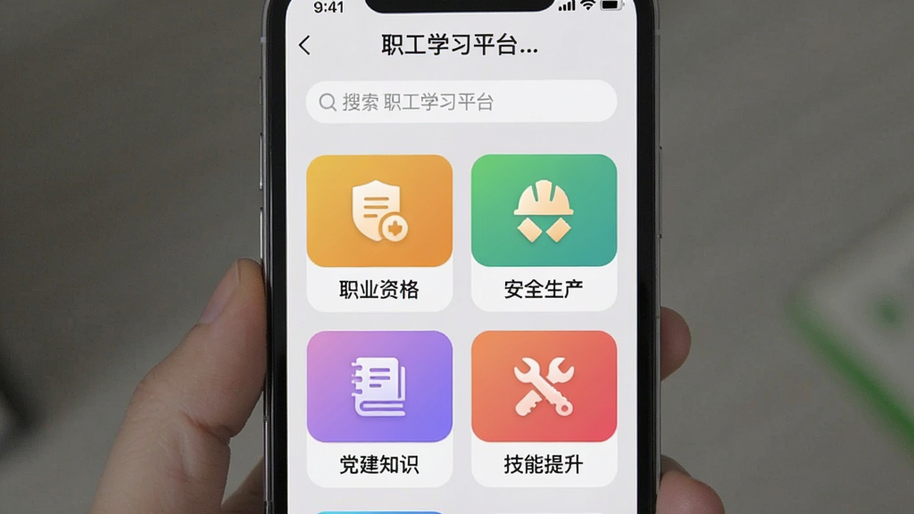 生图提示词:手机截图风格图片,展示“职工学习平台”APP的课程分类页面,顶部是搜索栏,下方用彩色圆角矩形图标展示“职业资格”、“安全生产”、“党建知识”、“技能提升”四个分类,每个图标下方有中文文字标签,界面背景为浅灰色,布局整齐,画质干净无多余元素。