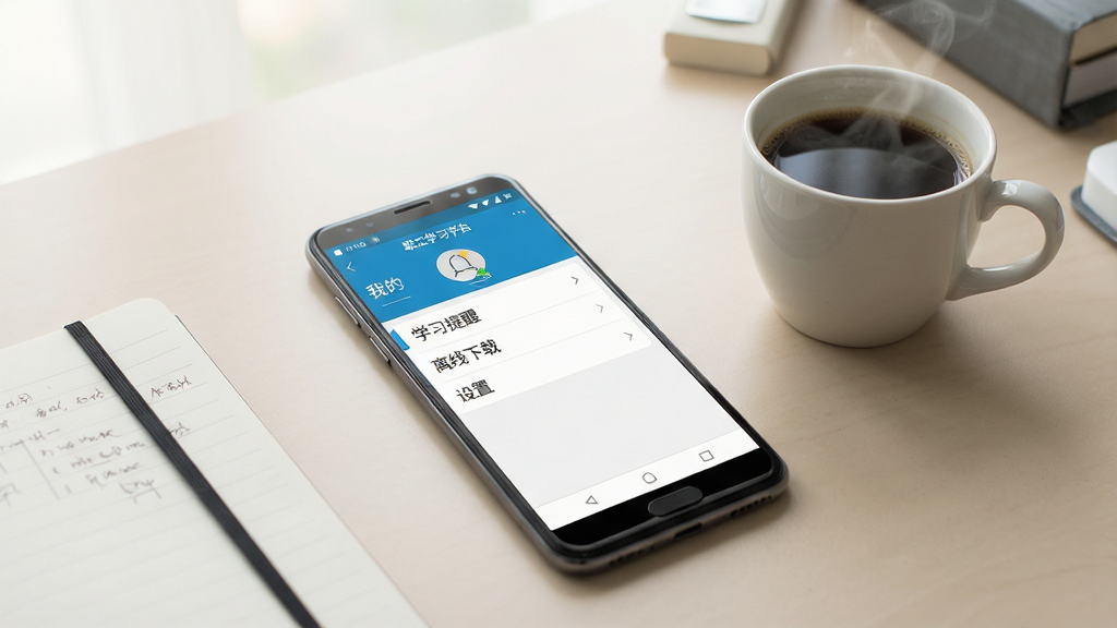 生图提示词:一张整洁的办公桌,桌面上放着一部安卓智能手机,手机屏幕显示“职工学习平台”APP的“我的”页面,页面上有“学习提醒”、“离线下载”、“设置”等菜单选项,旁边放着一杯冒着热气的咖啡和一个笔记本,整体风格写实,光线柔和,画质干净无多余元素。