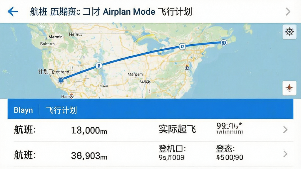 һ���ֻ�Ӧ�ý�ͼ��չʾ��Airplan Mode ���мƻ����ĺ�������ҳ��ҳ�沼��Ϊ���½ṹ���ϰ벿���ǵ�ͼ����ʾ�ķ��й켣·�ߣ�����ɫ����������°벿������ϸ�ĺ�����Ϣ�б�����������š��ƻ����ʱ�䡢Ԥ�Ƶ���ʱ�䡢ʵ�����ʱ��͵ǻ���״̬������������UI��Ƽ���ִ�����ɫ��ɫ�������ʸɾ��޶���Ԫ�ء�