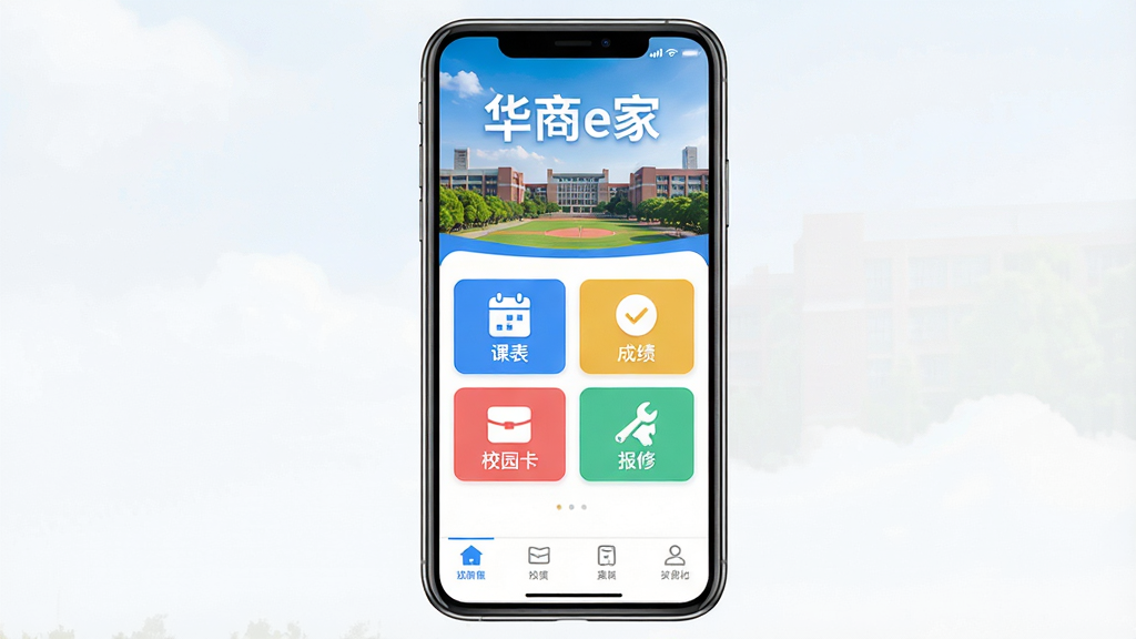 一张手机屏幕展示“华商e家”APP主界面,界面顶部显示“华商e家”字样和校园风景背景,中部有课表、成绩、校园卡、报修等彩色图标按钮,底部为四个导航选项卡,整体风格现代简约,蓝白色调,画质干净无多余元素
