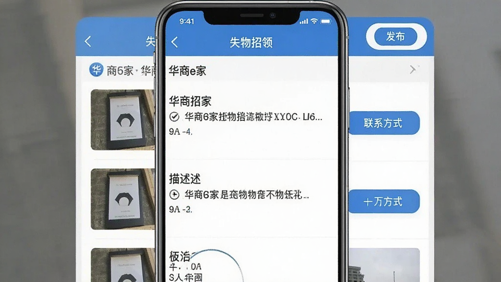 一张手机截图展示“华商e家”的失物招领板块,列表中有物品照片、描述文字、联系方式按钮,顶部有“发布”按钮,界面风格简洁,信息流布局,蓝白配色,画质干净