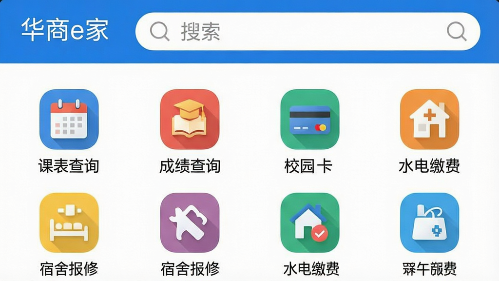 一张手机截图展示“华商e家”的服务列表页面,上方有搜索框,下方以网格布局排列“课表查询”、“成绩查询”、“校园卡”、“宿舍报修”、“水电缴费”等彩色图标,每个图标下方有中文标签,界面简洁清晰,蓝白配色,画质干净