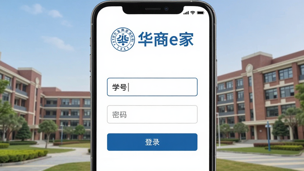 一张手机截图展示“华商e家”的登录页面,上方有学校Logo和“华商e家”字样,中间有学号、密码输入框,下方有“登录”按钮,背景是校园建筑,整体风格简洁,蓝白配色,画质干净