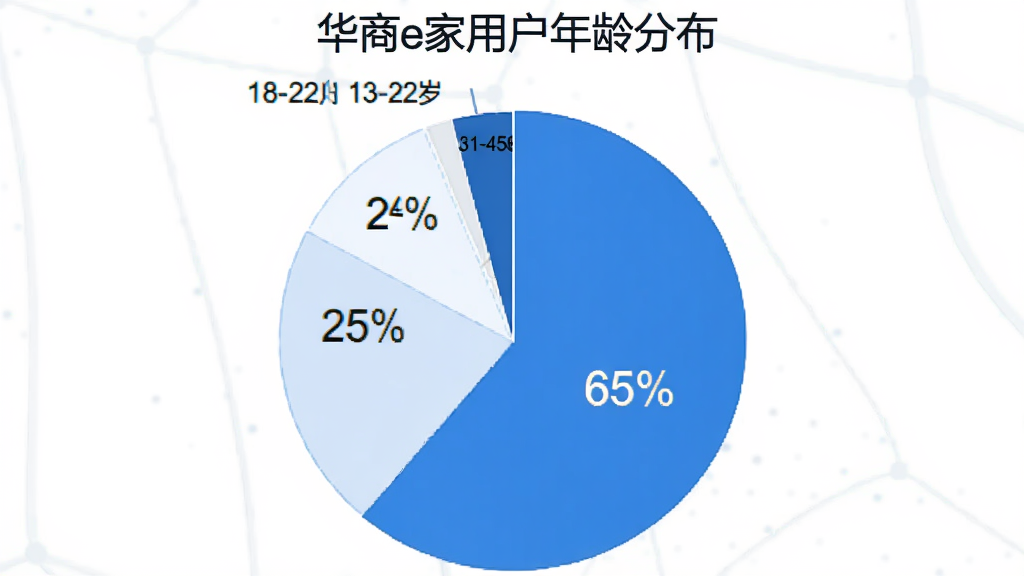 饼状图展示华商e家用户年龄分布,18-22岁占65%,23-30岁占25%,31-45岁占8%,46-60岁占2%,图上标注“华商e家用户年龄分布”,风格简洁,蓝白配色,画质干净