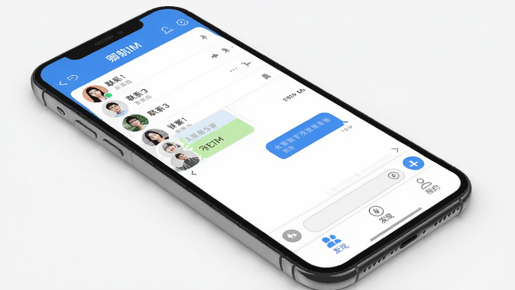 һ��չʾ���亽IM���ֻ�APP������ĸ�����Ⱦͼ��������������ɫΪ����������ʾ��ϵ���б����м������촰�ڣ��ײ�����Ϣ����ϵ�ˡ����֡��ҵ��ĸ�ѡ������������ִ�����ƽ����ƣ����ʸɾ��޶���Ԫ�ء�