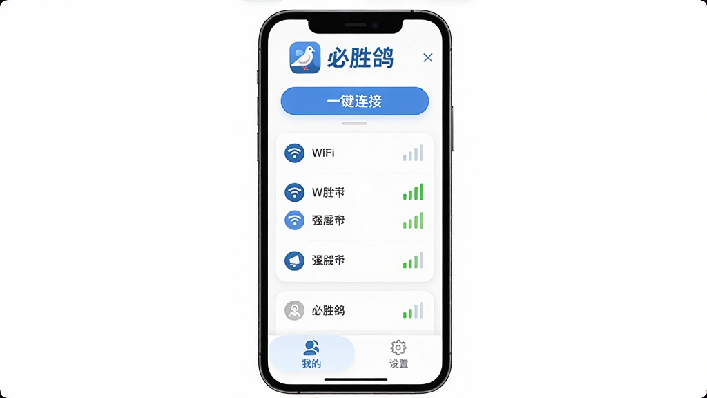 ͼƬ����Ϊ����ʤ�롱APP���������ܽ���չʾ�����ֲ����ֻ�������ͼ��ʽ��������ʾ����ʤ�롱logo�͡�һ�����ӡ���ť���м�ΪWiFi�б����ź�ǿ��ͼ�꣬�ײ�Ϊ���ҵġ��͡����á�ѡ����Ű�ɾ����࣬����ִ���ƽ��������ɫ��Ϊ����ϸ��Բ�󣬻��ʸɾ��޶���Ԫ�ء�