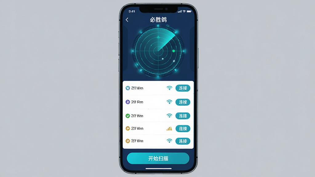 ͼƬ����Ϊ����ʤ�롱APP��WiFiɨ����棬����Ϊ�ֻ���Ļ��ͼ��������ʾ�״�ɨ�趯�����м���WiFi�б���ÿ����Ŀ�Ҳ����ź�ǿ��ͼ��͡����ӡ���ť���ײ�Ϊ����ʼɨ�衱��ť���Ű����������Ƽ��У�����������ɫΪ����ϸ���й�Ȧ��Ч�����ʸɾ��޶���Ԫ�ء�