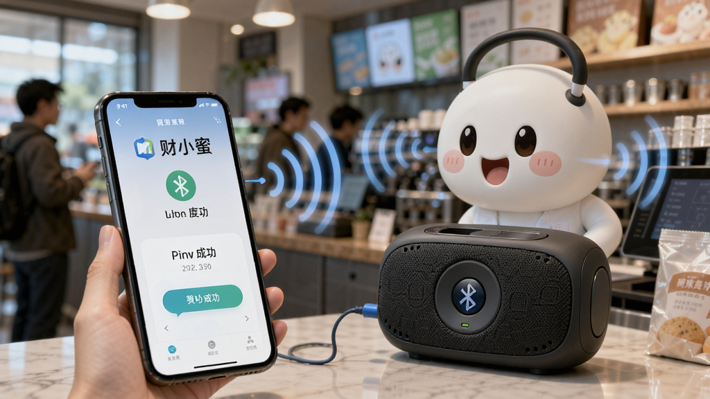 主体:财小蜜在嘈杂店铺中连接蓝牙音箱进行收款播报的场景,布局:前景是手机屏幕显示收款成功,背景是模糊的店铺环境,排版:突出手机和音箱,风格:写实,细节:声音波纹特效,画质:高清,干净无多余元素