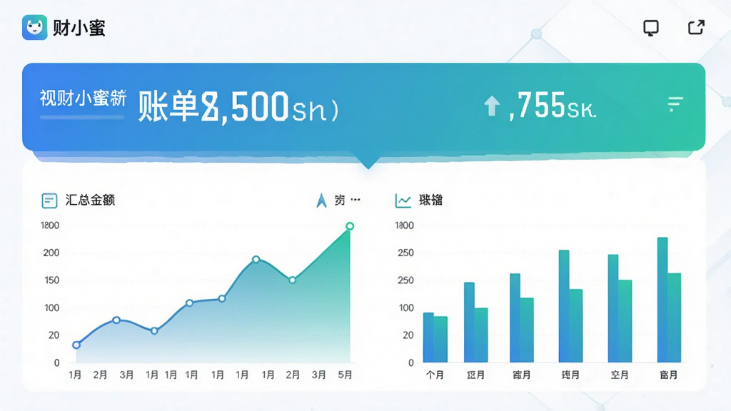 主体:财小蜜的账单统计页面,显示折线图和柱状图,布局:上方为汇总金额,下方为图表,排版:数据可视化,风格:商务简洁,细节:蓝绿色渐变,数字清晰,画质:高清,无多余元素