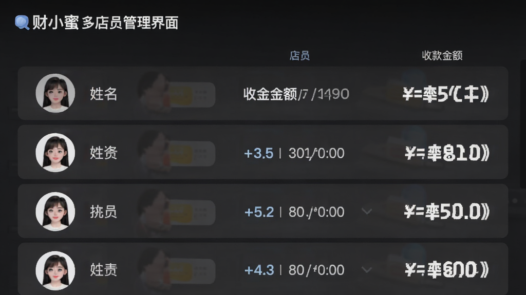 主体:财小蜜的多店员管理界面,显示店员列表和各自收款金额,布局:列表形式,每个店员一行,排版:姓名+金额+时间,风格:简洁列表,细节:头像圆形,金额加粗,画质:干净无多余元素