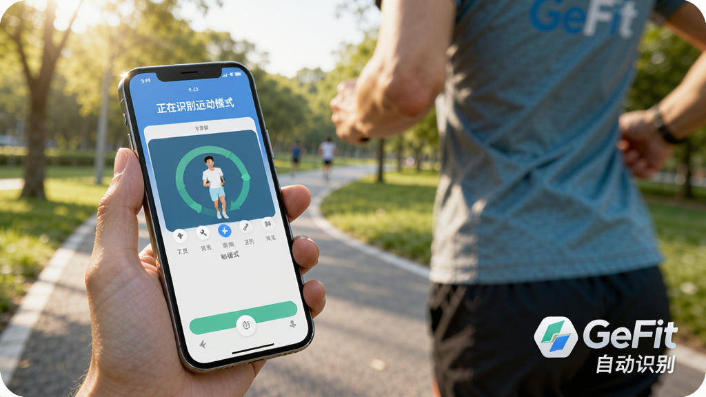 һ��չʾGeFit�Զ�ʶ���˶����ܵ�ͼƬ������Ϊһ�������ڻ����ܲ����ֻ��������У���Ļ������ʾ������ʶ���˶�ģʽ���Ľ��棬������ģ���Ĺ�԰�̵������涯̬��ǿ�����дʵ������������ͣ�ͼƬ���½Ǵ��С�GeFit����ʶ�͡��Զ�ʶ��������