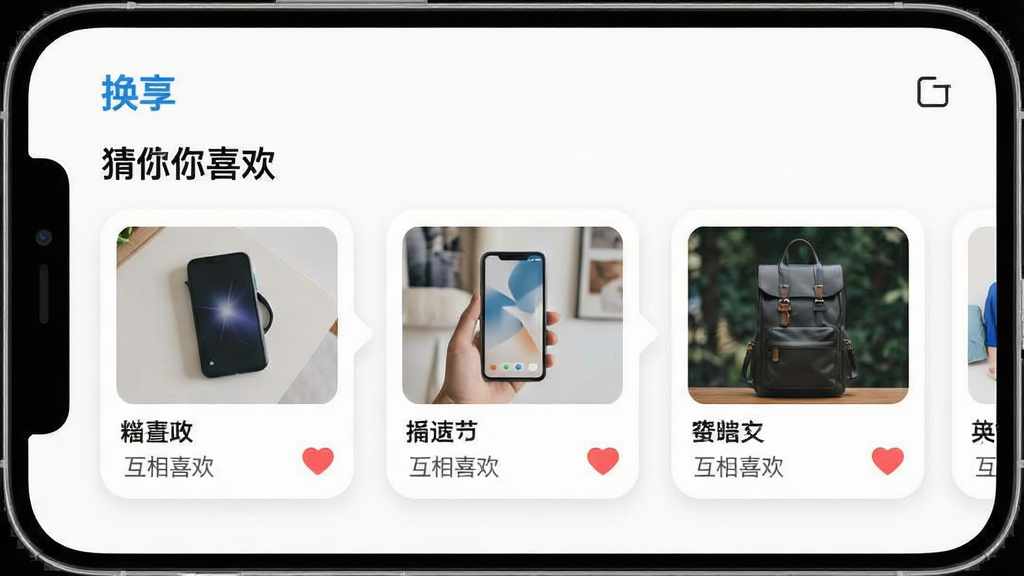 һ���ֻ�Ӧ�ý�ͼ��չʾ��������App�ġ������Ƽ���ҳ�棬ҳ�涥���С�����ϲ�������⣬�·��Ǻ��򻬶��Ŀ�Ƭ�б���ÿ�ſ�Ƭ��ʾ��Ʒ��Ƭ�����ƺ͡�����ϲ������С����ͼ�꣬��Ƭ����Ϊ��ɫ��Բ����ƣ��������ִ���ƽ��������ɫ���������������ʸɾ��޶���Ԫ��