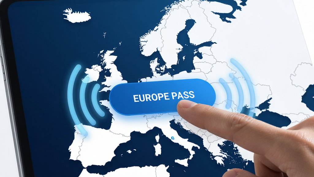 չʾEurope Passһ�����ӹ��ܵĽ��棬��ָ�����ɫ��ť����Χ���źŲ��˶���������Ϊŷ�޵�ͼ�����������Ƽ��У�ϸ�����������ʸɾ����޶�������