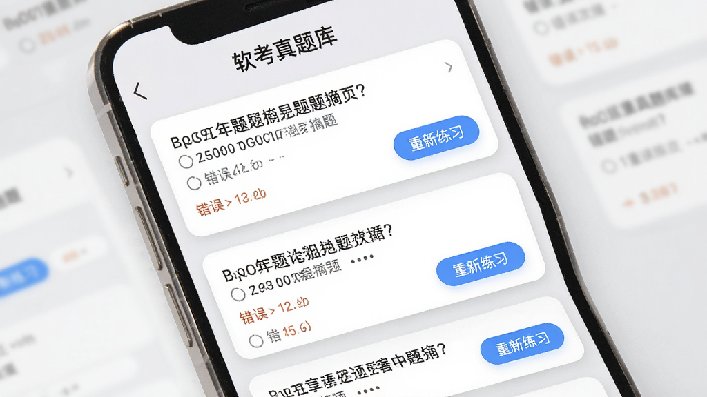 一幅展示手机应用内错题本界面的示意图,主体是“软考真题库”App的错题列表页,每道题以卡片形式展示,包含题目摘要、错误次数和“重新练习”按钮,背景为浅灰色,卡片有圆角阴影,风格简洁实用,画质干净,无多余元素。