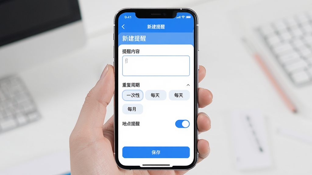展示拾绪小帮手智能提醒功能设置页面,主体是手机屏幕,界面显示“新建提醒”表单,有“提醒内容”输入框、“重复周期”选择器(包含一次性、每天、每周、每月选项)、“地点提醒”开关,底部有蓝色“保存”按钮,整体风格简洁现代,蓝白配色,细节清晰,画质干净无多余元素。