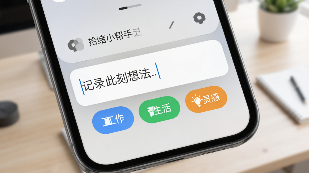 展示拾绪小帮手灵感速记功能的操作界面,主体是手机下拉通知栏中的快捷输入框,输入框内有“记录此刻想法...”的灰色占位文字,下方有几个彩色标签图标(蓝色工作、绿色生活、橙色灵感),背景是模糊的桌面,整体风格简洁明亮,细节清晰,画质干净无多余元素。