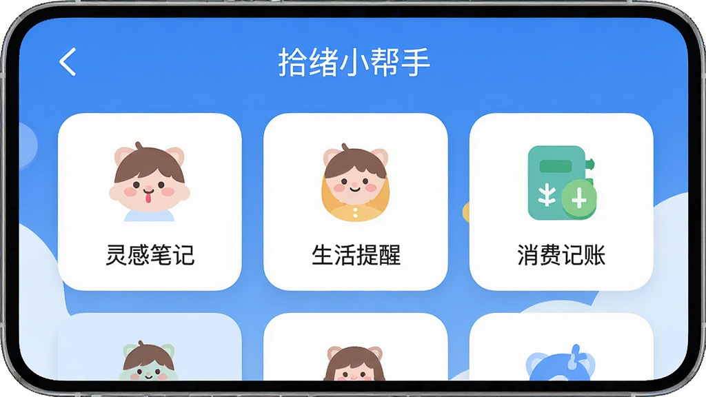 一张展示拾绪小帮手主界面的高清截图,主体是手机屏幕,界面以蓝白为主色调,整体布局简洁清爽,顶部显示“拾绪小帮手”应用名称,中间排列着“灵感笔记”、“生活提醒”、“消费记账”等几个功能卡片,图标圆润可爱,风格扁平现代,画质干净无多余元素。