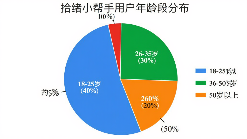 一张饼状图,展示拾绪小帮手用户年龄段分布,饼状图分成四块,蓝色部分最大约40%标注“18-25岁”,绿色部分约30%标注“26-35岁”,橙色部分约20%标注“36-50岁”,红色部分最小约10%标注“50岁以上”,整体风格简洁清晰,颜色鲜明,有图例和百分比标签,画质干净无多余元素。