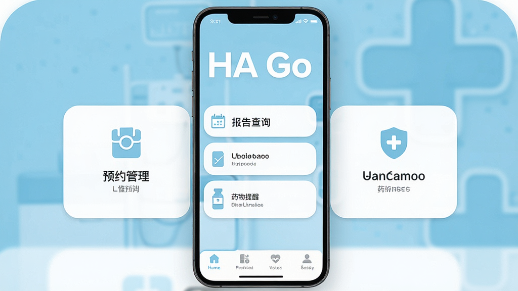 һ���ֻ�Ӧ�ý���չʾͼ������Ϊ��HA Go��App����ҳ��ͼ������Ϊ����ɫҽ�Ʒ���Ϸ���ʾ��HA Go����ɫ����logo���м���ԤԼ�����������ѯ��ҩ�������������ܿ�Ƭ���·�Ϊ�ײ��������������Ű����࣬����ִ���ƽ��ϸ��Բ�󣬻��ʸɾ��޶���Ԫ��