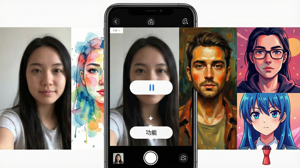 一张展示“画中人”应用核心功能的创意拼贴图,主体是手机屏幕界面,屏幕中显示一张普通自拍照正在被AI风格化处理,变成水彩、油画、动漫三种不同风格的艺术画像,布局采用三联画形式,左右分别是原图和成品对比,中间是功能按钮,排版干净清晰,风格现代扁平,细节丰富,画质干净无多余元素