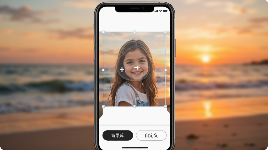 展示“画中人”智能抠图换背景功能的操作过程,主体是手机界面,屏幕上有一张女孩照片,人物周围有半透明选区,背景被替换成模糊的沙滩日落,界面下方有“背景库”和“自定义”两个按钮,布局清晰,风格简洁现代,细节真实,画质干净无多余元素