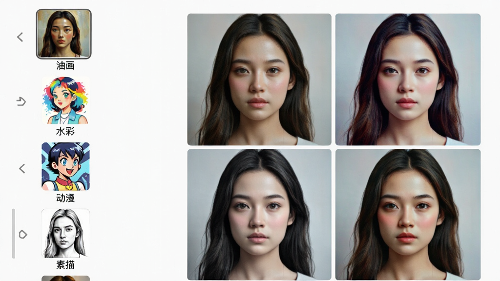 展示“画中人”AI风格迁移功能的界面,主体是手机竖屏截图,左侧一列是风格缩略图,包括“油画”、“水彩”、“动漫”、“素描”等,每张缩略图下方标注风格名称,右侧是同一张人像照片被生成四种不同风格的效果对比图,布局工整,风格扁平清新,细节精致,画质干净无多余元素