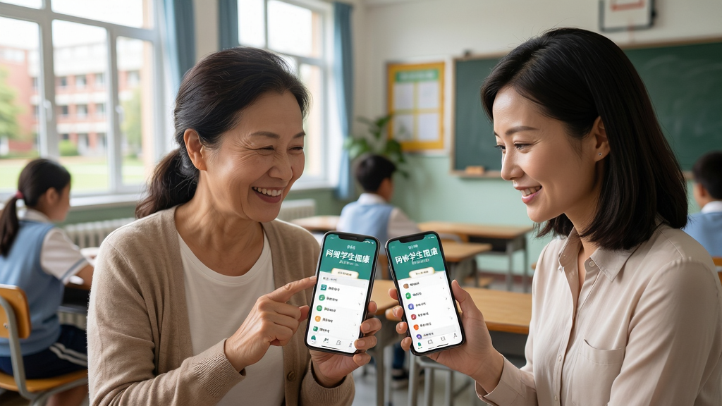 一张“网睿学生健康”使用场景图,主体为家长和老师使用手机App,背景是校园和教室,布局和谐,排版自然,风格写实,细节生动,画质干净无多余元素。