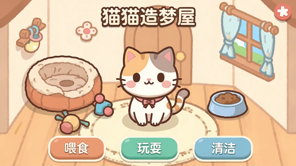 一张手机屏幕截图,显示游戏“猫猫造梦屋”的主界面,画面中央是一只可爱的卡通猫咪,周围是温馨的小屋场景,有猫窝、玩具、食物碗,界面下方有“喂食”、“玩耍”、“清洁”等按钮,整体风格卡通可爱,色彩柔和,画质清晰干净,无多余元素。