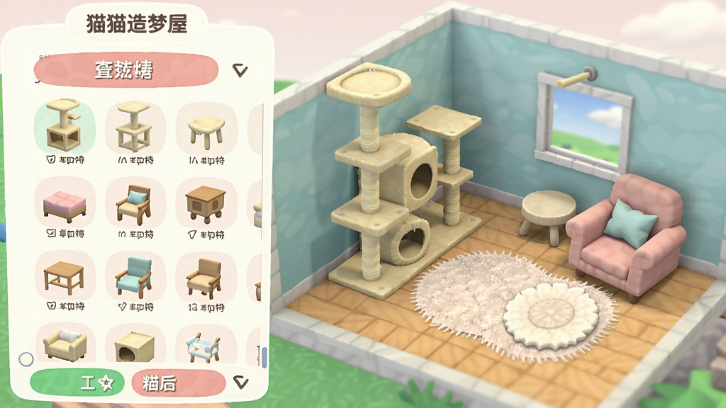 一张游戏内截图,展示“猫猫造梦屋”的房屋装扮界面,左侧是家具列表,右侧是房间预览,房间内摆放着猫爬架、毛绒地毯、小沙发,整体色调清新,风格可爱,画质清晰干净,无多余元素。