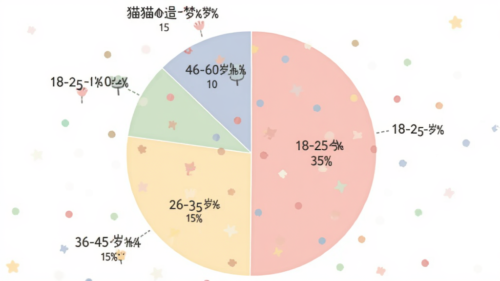 一张饼状图,展示“猫猫造梦屋”用户年龄段分布,18-25岁占35%,26-35岁占40%,36-45岁占15%,46-60岁占10%,图表清晰,配色柔和,画质干净,无多余元素。