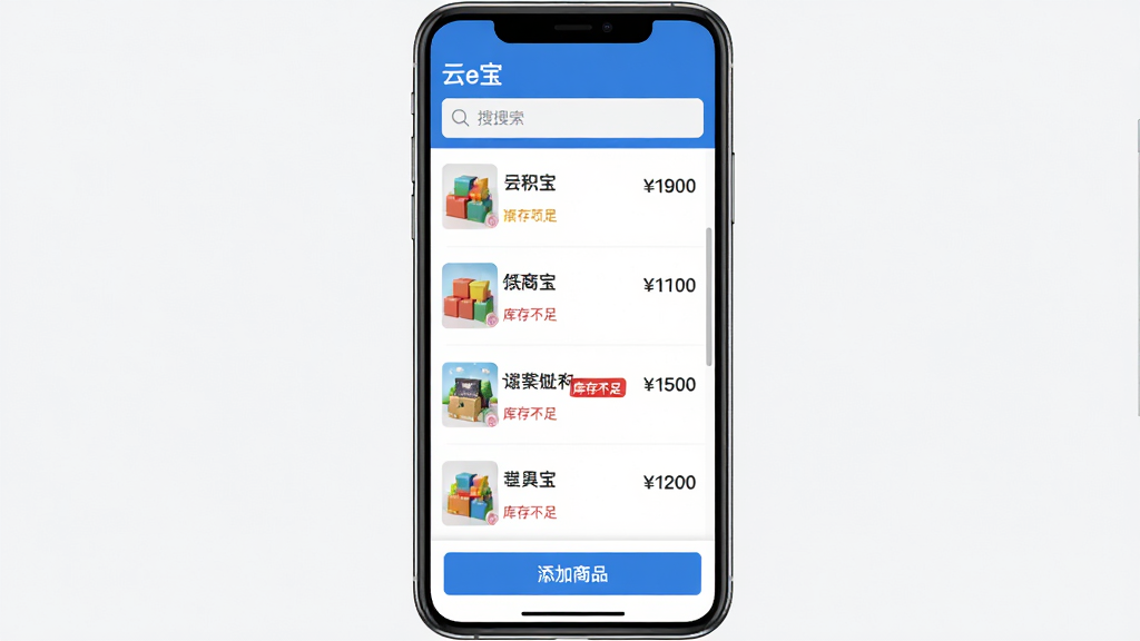 ���壺��e������Ʒ���������档���֣��ֻ���Ļ������ʾ��Ʒ�б���ÿ����Ʒ������ͼ�����ơ��۸�Ϳ���������Ű棺�������������·��б��������ײ��С�������Ʒ����ť����񣺼���б�ʽ��ƣ�����ͼΪʵ��ͼ����ɫ���ޡ�ϸ�ڣ�ĳ����Ʒ���С���治�㡱��ɫС��ǩ�����ʣ����壬�ɾ��޶���Ԫ�ء�