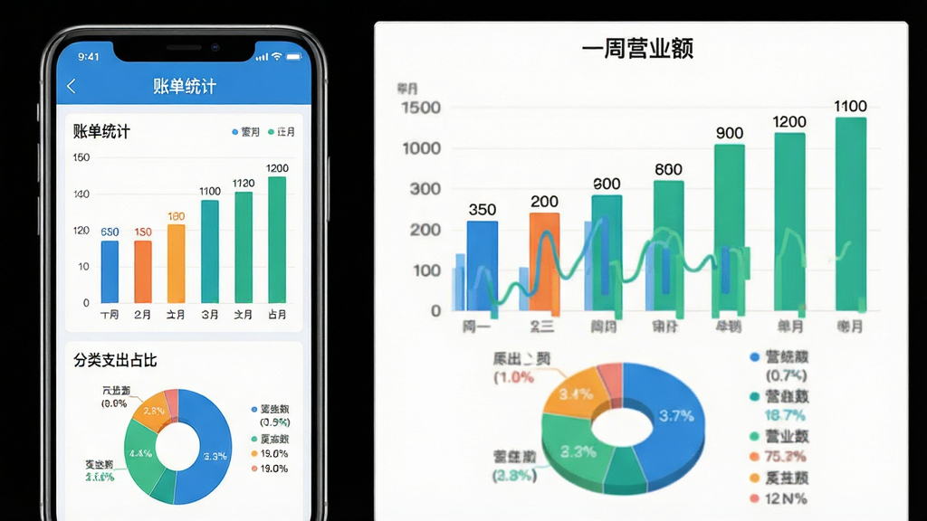 ���壺��e��App���˵�ͳ�ƹ��ܽ��档���֣�������ֻ���Ļ���Ҳ��ǷŴ����״ͼչʾһ��Ӫҵ��Ű棺���涥���С��˵�ͳ�ơ����⣬�в��ǲ�ɫ��״ͼ���ײ��Ƿ���֧��ռ�ȱ�ͼ����������࣬������ɫ�����ݿ��ӻ�������ϸ�ڣ���״ͼ���о������ֱ�ע����ͼ����ͼ��˵�������ʣ����壬�ɾ��޶���Ԫ�ء�