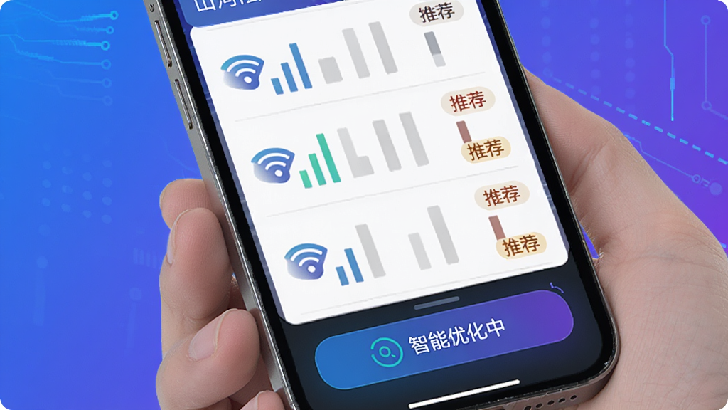 ɽ������������ѡ����ʾ��ͼ���ֻ���Ļչʾ���WiFi�б���ÿ���ź��Ա����ź�ǿ����״���͡��Ƽ�����ǩ���ײ��С������Ż��С���ʾ�򣬷��Ƽ��У����Ͻ��䱳��������������ϸ�ڷḻ�����ʸɾ��޶���Ԫ��