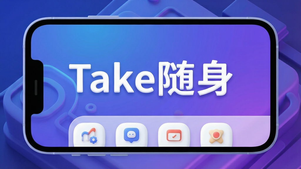 一张3D渲染风格的手机应用展示图,手机屏幕中央显示“Take随身”四个大字,下方是简洁的功能图标排列,背景为渐变的蓝紫色科技感光效,整体布局居中,排版干净,风格现代扁平,细节圆润,画质干净无多余元素。