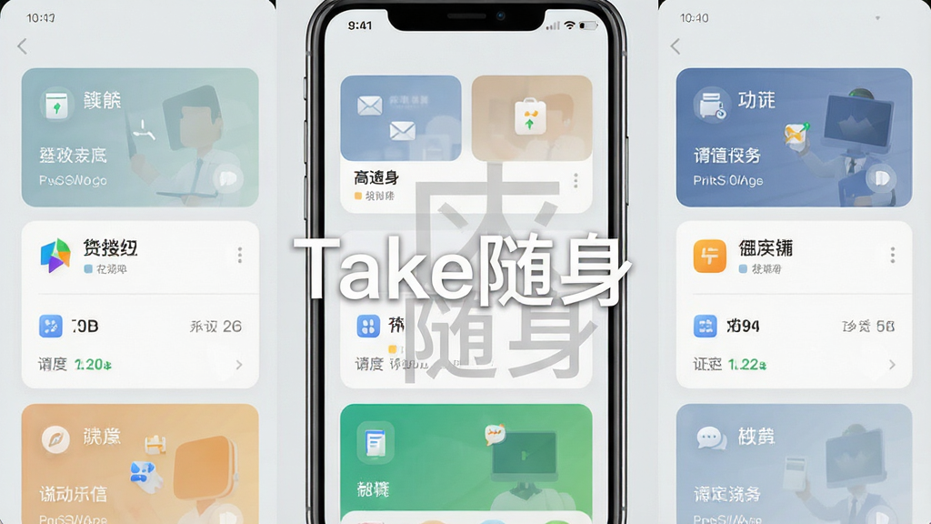 一张展示多任务处理能力的手机软件截图,界面以卡片式布局展示不同功能模块,中心位置有“Take随身”的水印字样,背景为浅灰色,风格简洁商务,排版清晰,细节丰富,画质干净无多余元素。