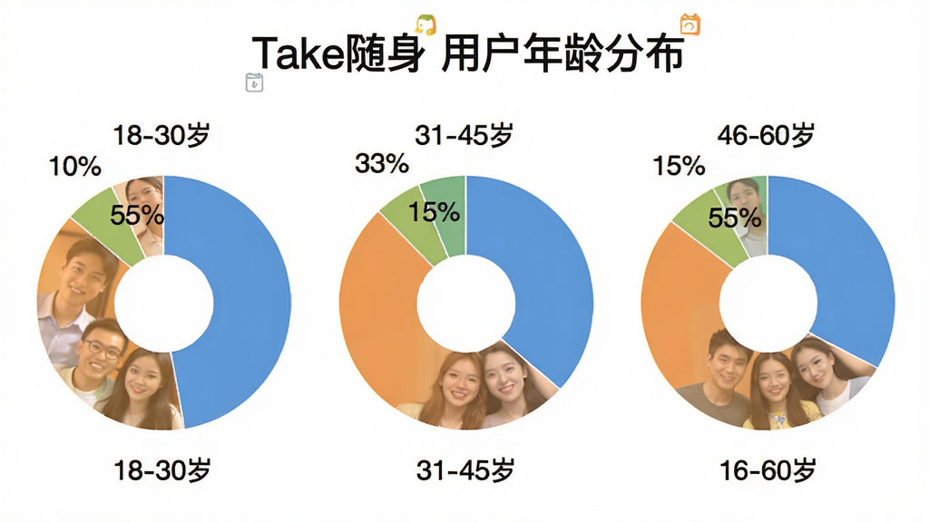 一张用户评价数据统计图,以饼状图形式展示18-30岁、31-45岁、46-60岁三个年龄段的用户占比,分别约为55%、30%、15%,图表背景为白色,标题处有“Take随身”用户年龄分布字样,风格简洁,排版清晰,细节丰富,画质干净无多余元素。