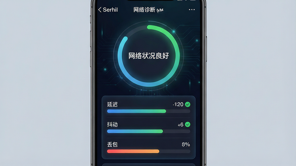 一张手机应用功能截图风格图片,展示“Serhil”的“网络诊断”页面,页面顶部有一个大大的圆形评分环,显示“网络状况良好”字样,下方用条形图对比列出“延迟”、“抖动”、“丢包”三个指标,每个指标旁有绿色对勾和具体数值。背景是深色科技感渐变,数据卡片有微弱的发光效果,整体排版信息层级分明,画质干净,无多余元素。