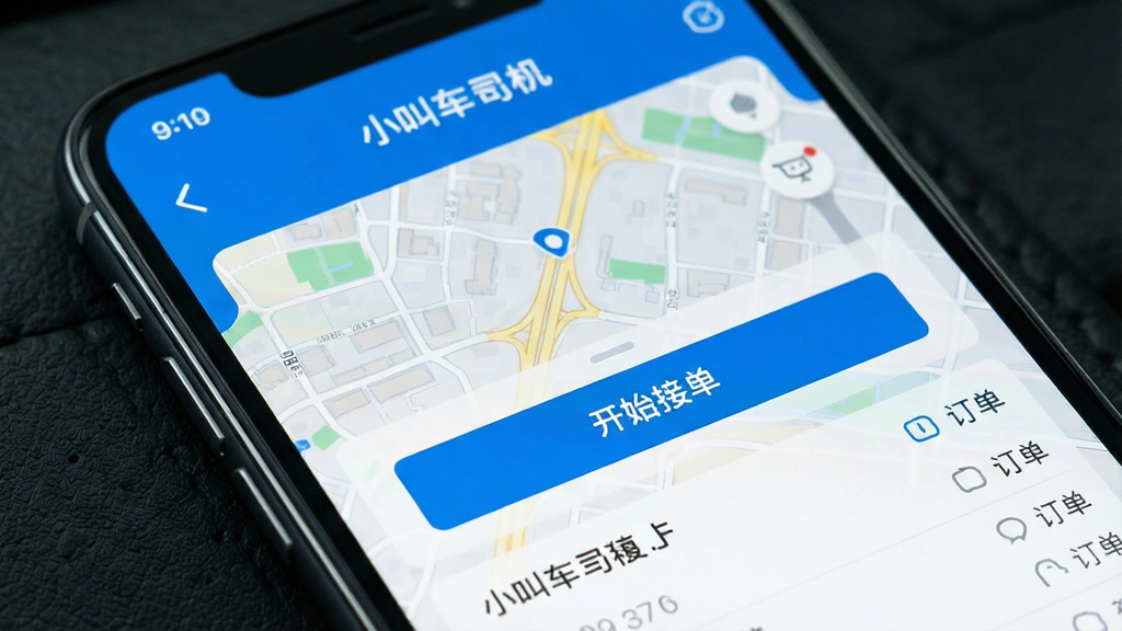 一张手机屏幕特写,屏幕上显示小叫车司机App的接单主界面,背景是城市道路地图,界面有“开始接单”按钮和订单列表,整体风格简洁现代,蓝色主题色,画质清晰,干净无多余元素