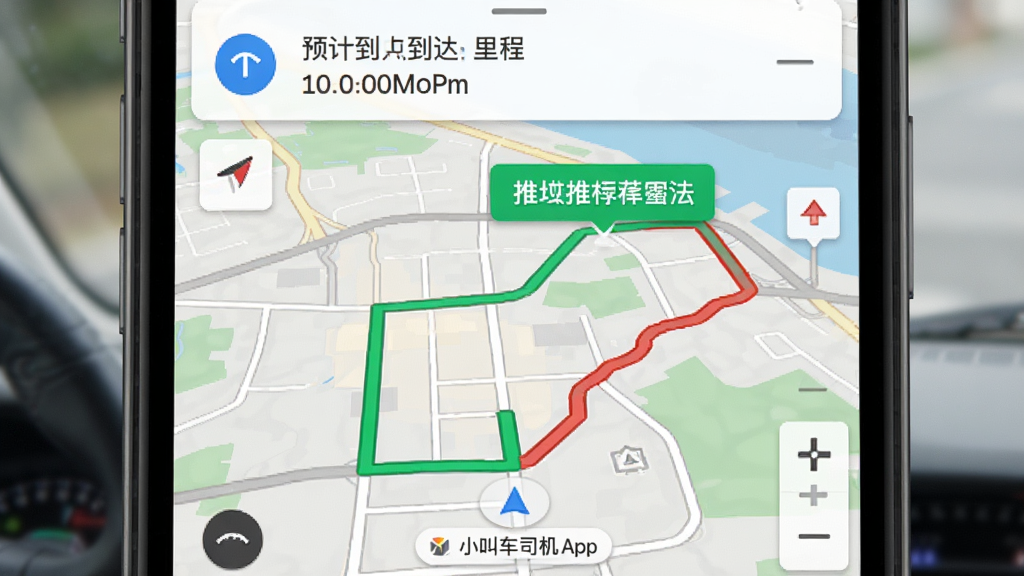 小叫车司机App的导航界面,地图上显示一条绿色推荐路线和一条红色拥堵路线,顶部有预计到达时间和里程信息,界面简洁,地图清晰,风格写实,画质高,无多余元素