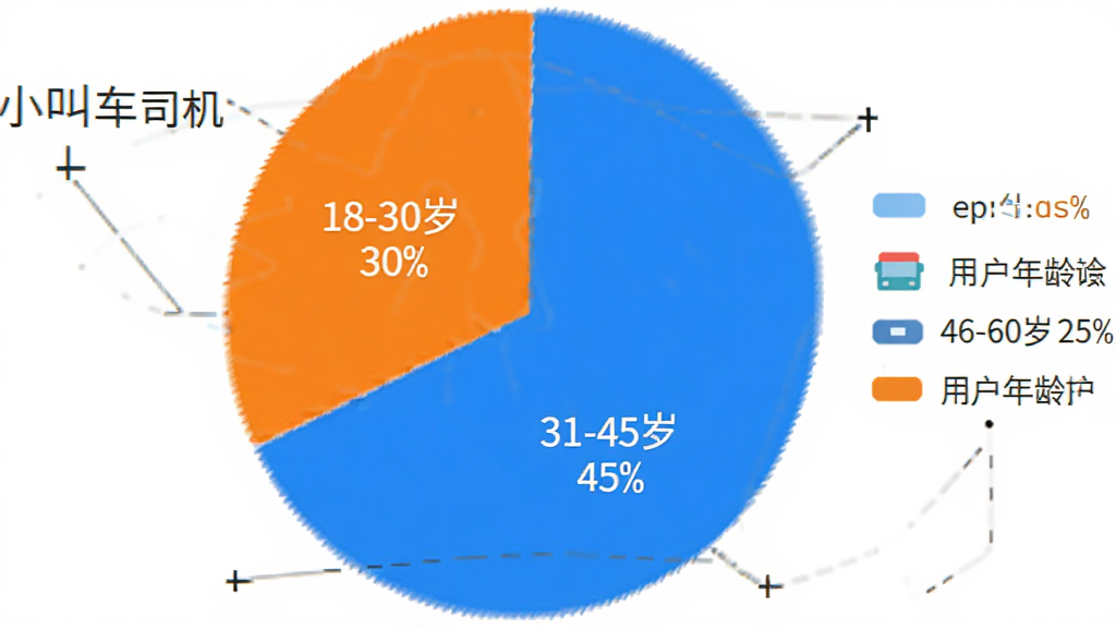 饼状图,显示小叫车司机用户年龄分布:18-30岁占30%,31-45岁占45%,46-60岁占25%,配色鲜艳,图表清晰,背景白色,画质干净,无多余元素