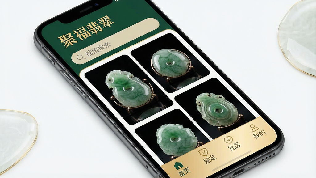 一张手机屏幕展示聚福翡翠App的主界面,界面顶部有“聚福翡翠”品牌Logo和搜索栏,中部是高清翡翠玉石图片瀑布流,底部为首页、鉴定、社区、我的四个导航选项卡,整体排版简洁现代,以墨绿色和金色为主色调,强调玉石质感,画面干净无多余元素,画质细腻高清。