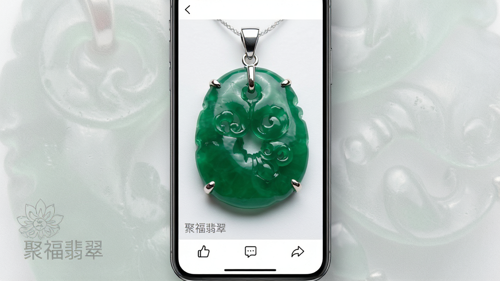 聚福翡翠App的翡翠图库浏览界面,手机竖屏展示一张满绿翡翠吊坠的特写照片,图片清晰度极高,左下角有“聚福翡翠”水印,底部是点赞、评论、分享图标,背景是浅灰色磨砂质感,整体风格干净清爽,画质细腻。