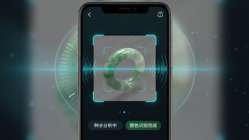 聚福翡翠App的AI鉴别功能界面,手机屏幕中央有一个翡翠手镯的拍摄取景框,周围有扫描动画线条,下方显示“种水分析中”和“颜色识别完成”的文字标签,背景是深色渐变,突出科技感,界面布局清晰,画质干净无多余元素。